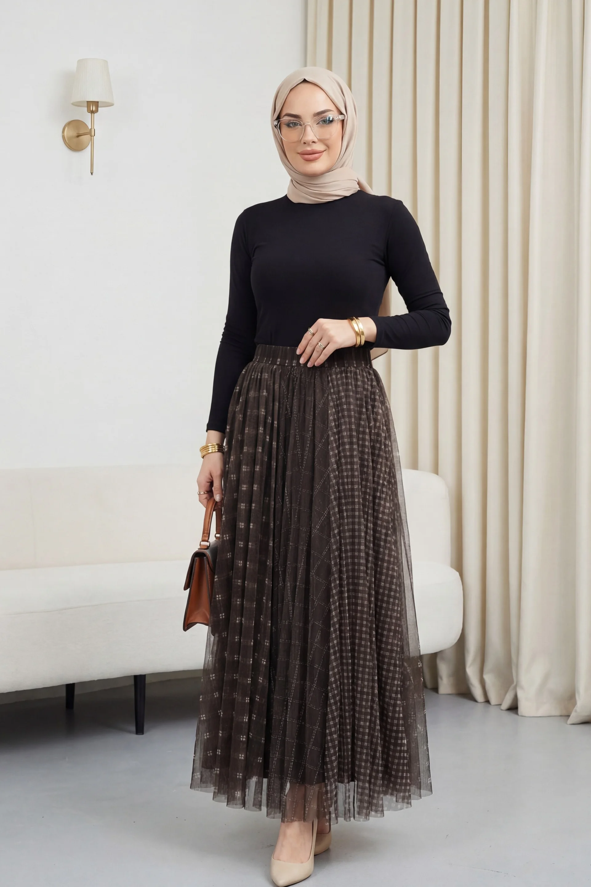 Plaid Pleated Tulle Skirt with Elasticated Waist - Brown - Podyumplus - by Peralane - photo 2