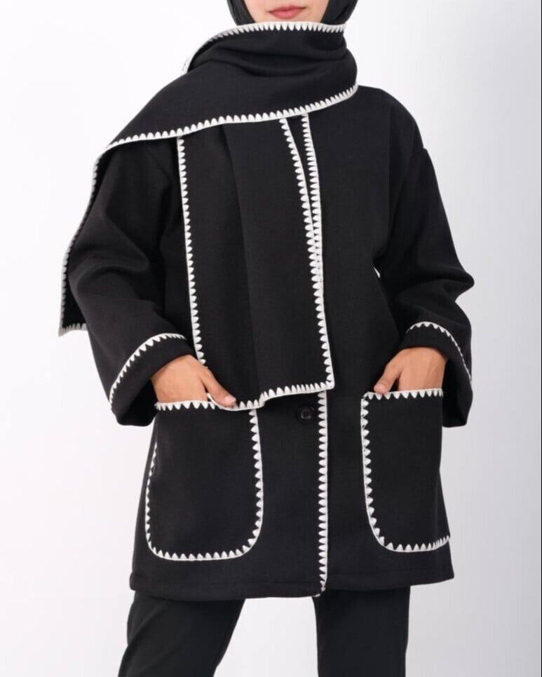 Women's Black Front-Button Jacket with Scarf and Pockets - Podyumplus - by Peralane