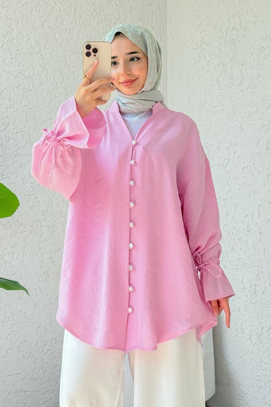 Pink Long-Sleeved Tunic with Tie Cuffs and Button Front - Podyumplus - by Peralane - photo 6