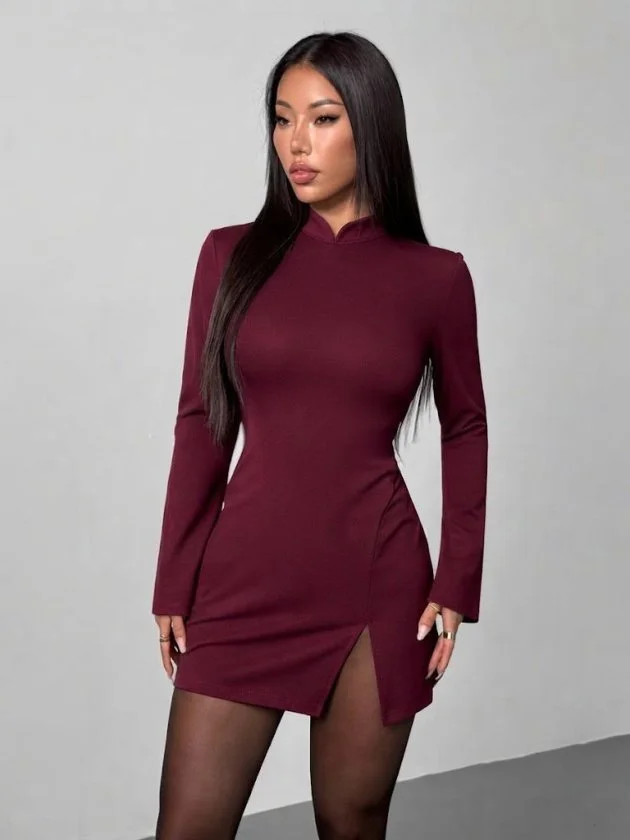 Women's Long-Sleeved Mock Neck Dress with Side Slit - Janes - by Peralane