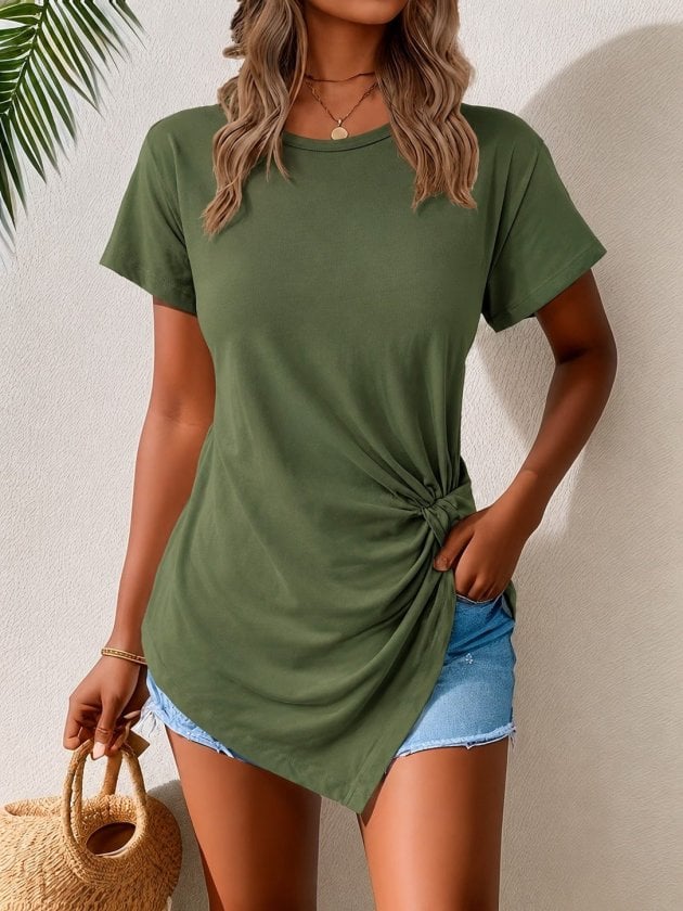 Women's Short-Sleeve Crew-Neck Asymmetric Knotted Viscose Blouse - Janes - by Peralane - photo 2