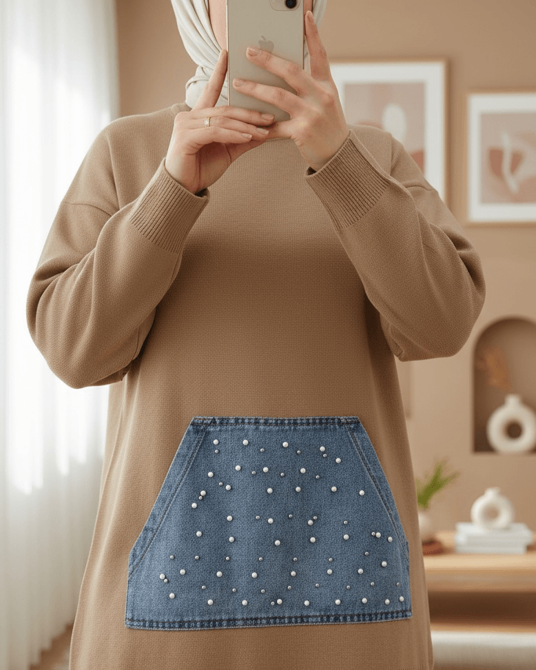Knit Two-Piece Set with Denim Pocket - Mink - Podyumplus - by Peralane - photo 2