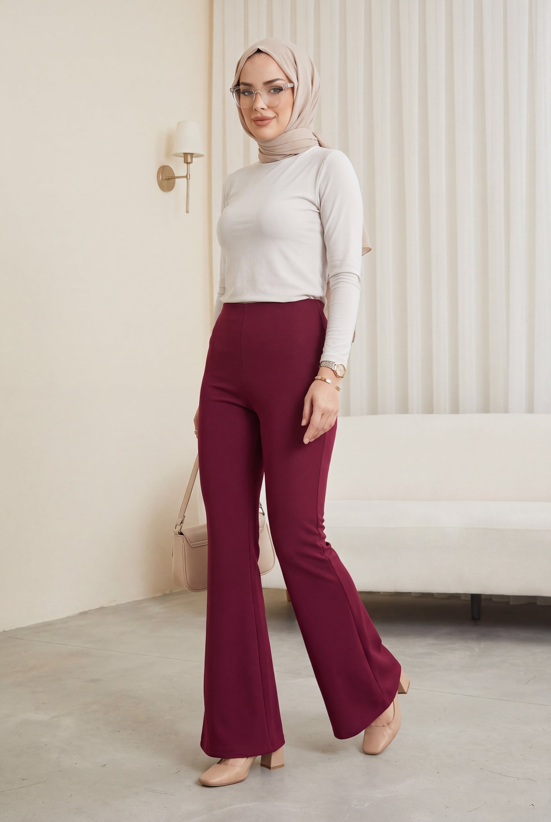 Burgundy High-Waist Flared Trousers with Side Zip - Podyumplus - by Peralane - photo 5