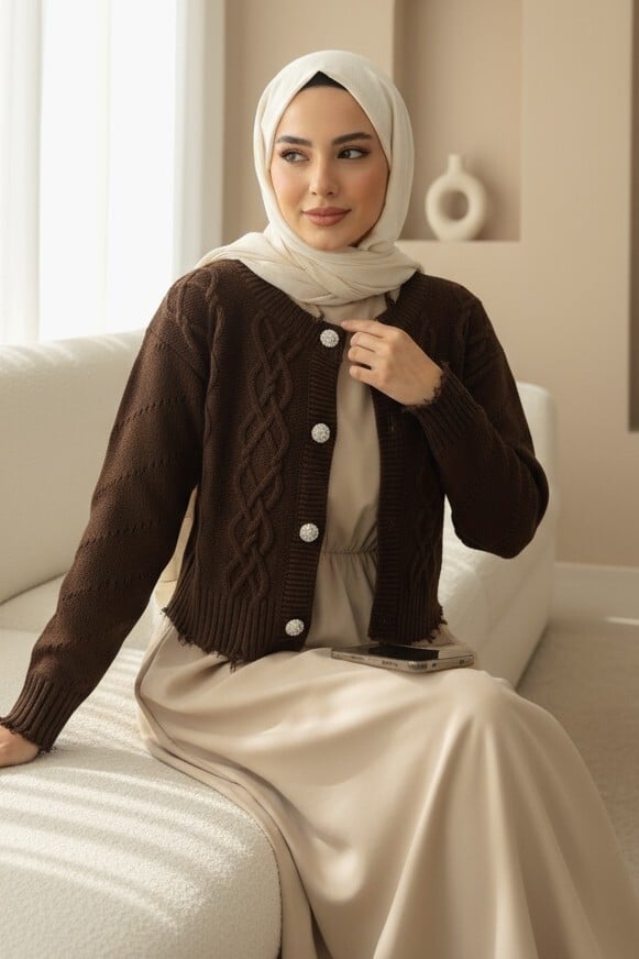 Stone Button Distressed Crop Cardigan - Brown - Podyumplus - by Peralane
