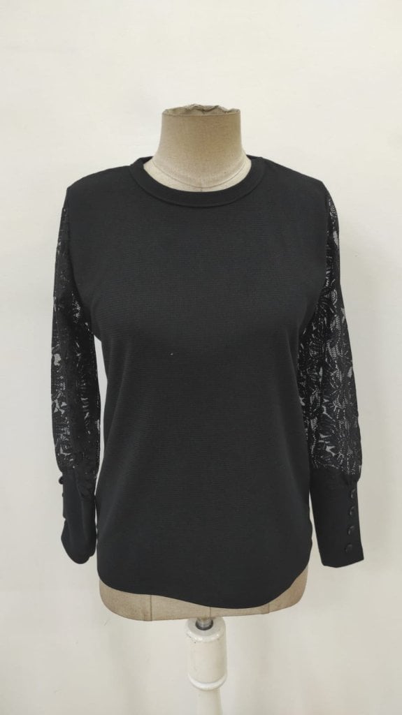 Women's Black Long Sleeve Crew Neck Waffle Blouse with Floral Lace Sleeves - Janes - by Peralane - photo 5