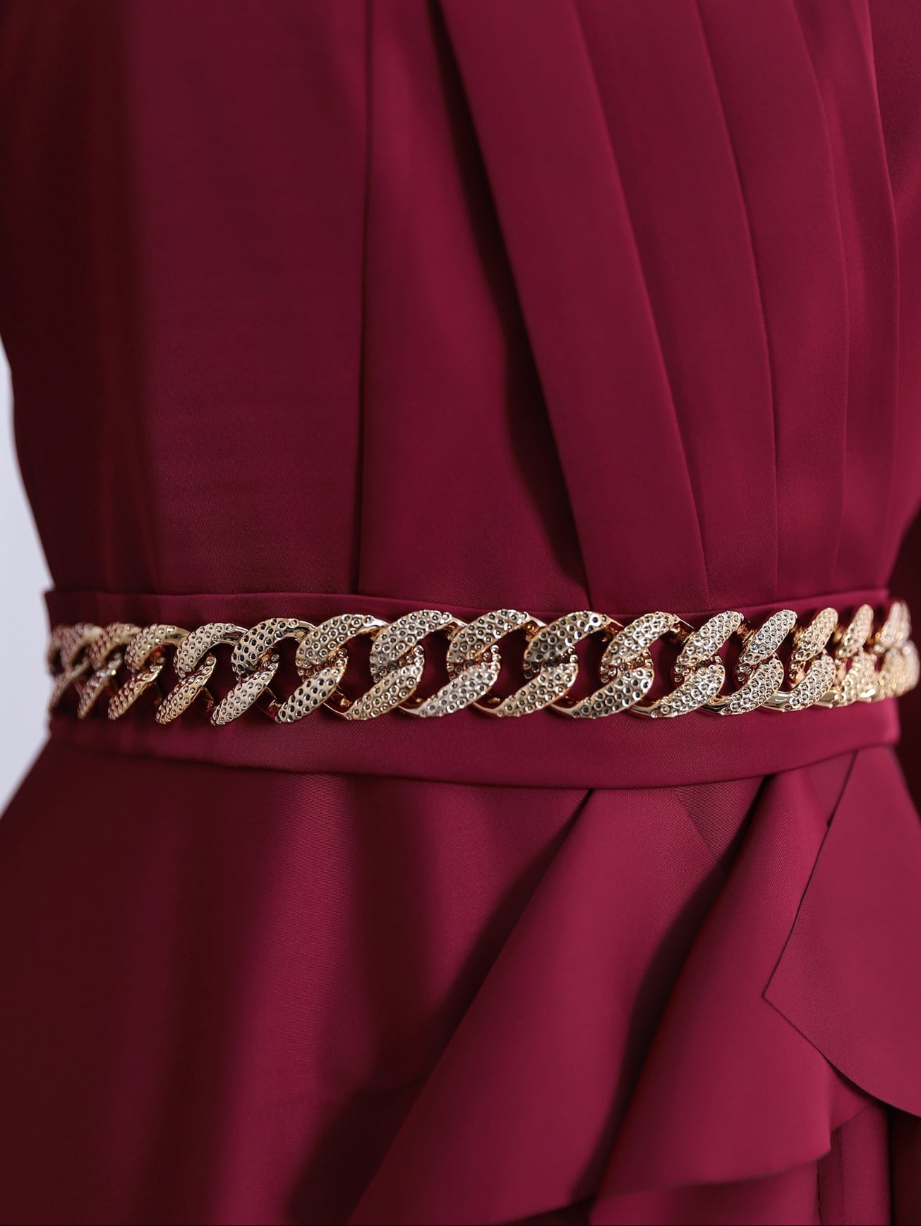 Satin Evening Dress with Chain Belt and Ruffles - Bordeaux - Podyumplus - by Peralane - photo 3