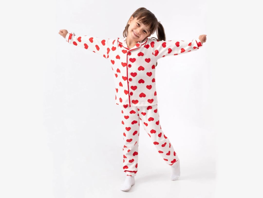 Heart Print Collared Button Girls Pajama Set - Dolas - by Peralane