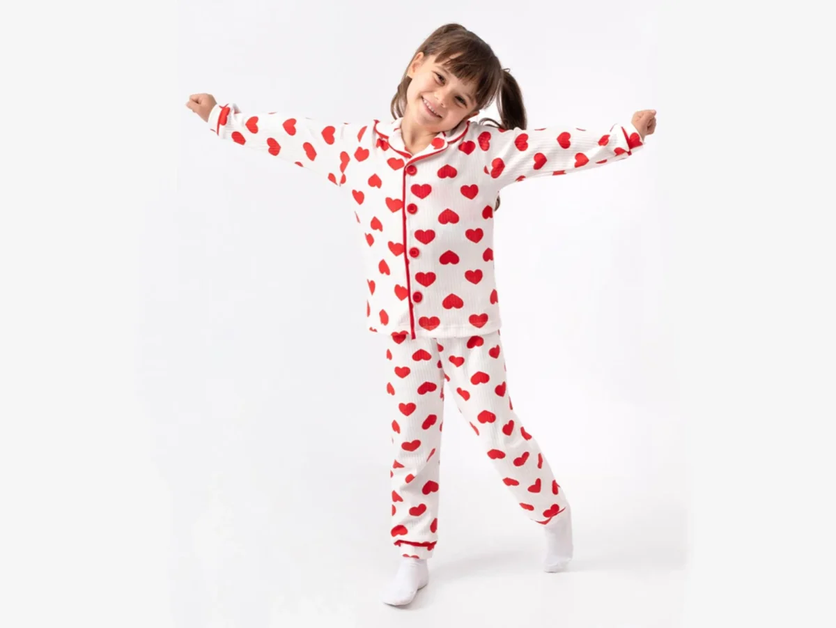 Heart Print Collared Button Girls Pajama Set - Dolas - by Peralane