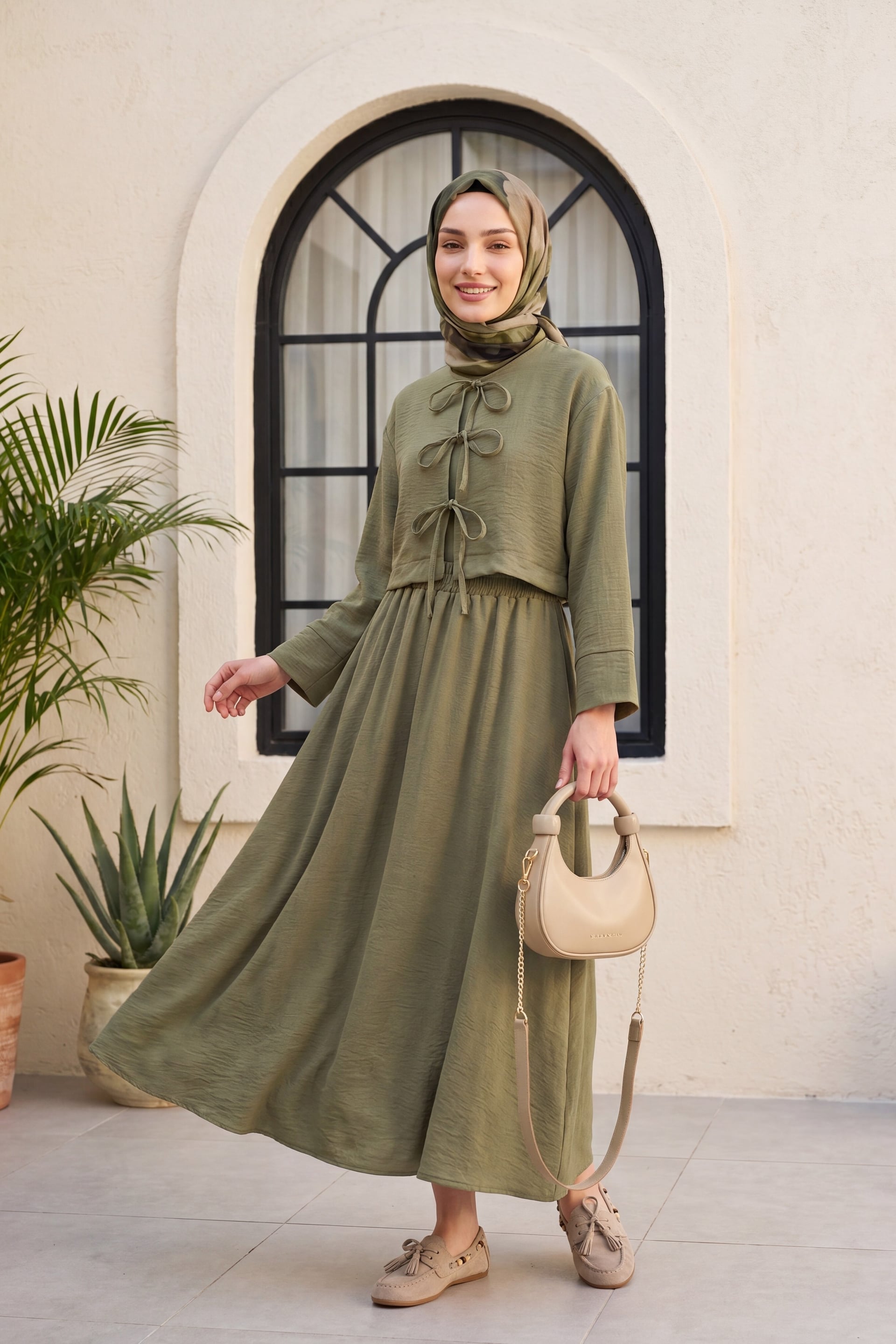 Front Lace-Up Elastic Waist Skirt Set in Olive Green - Podyumplus - by Peralane