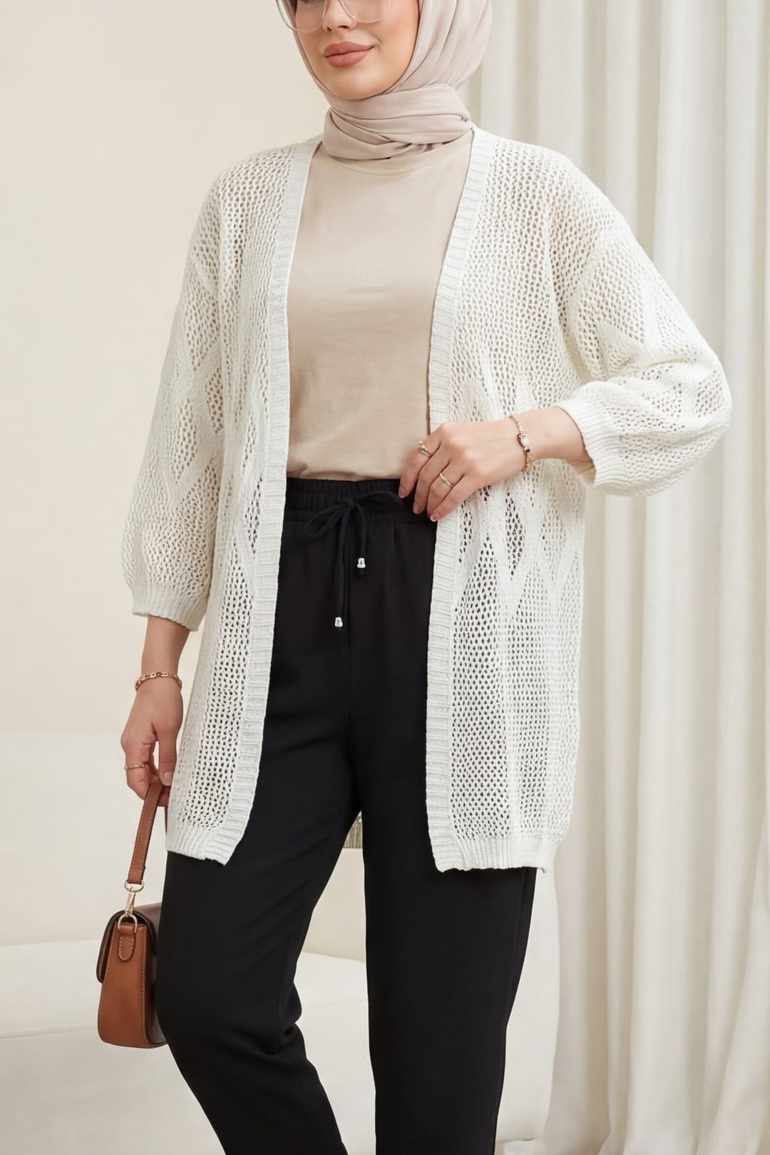 Baklava Patterned Openwork Knit Cardigan - White - Podyumplus - by Peralane