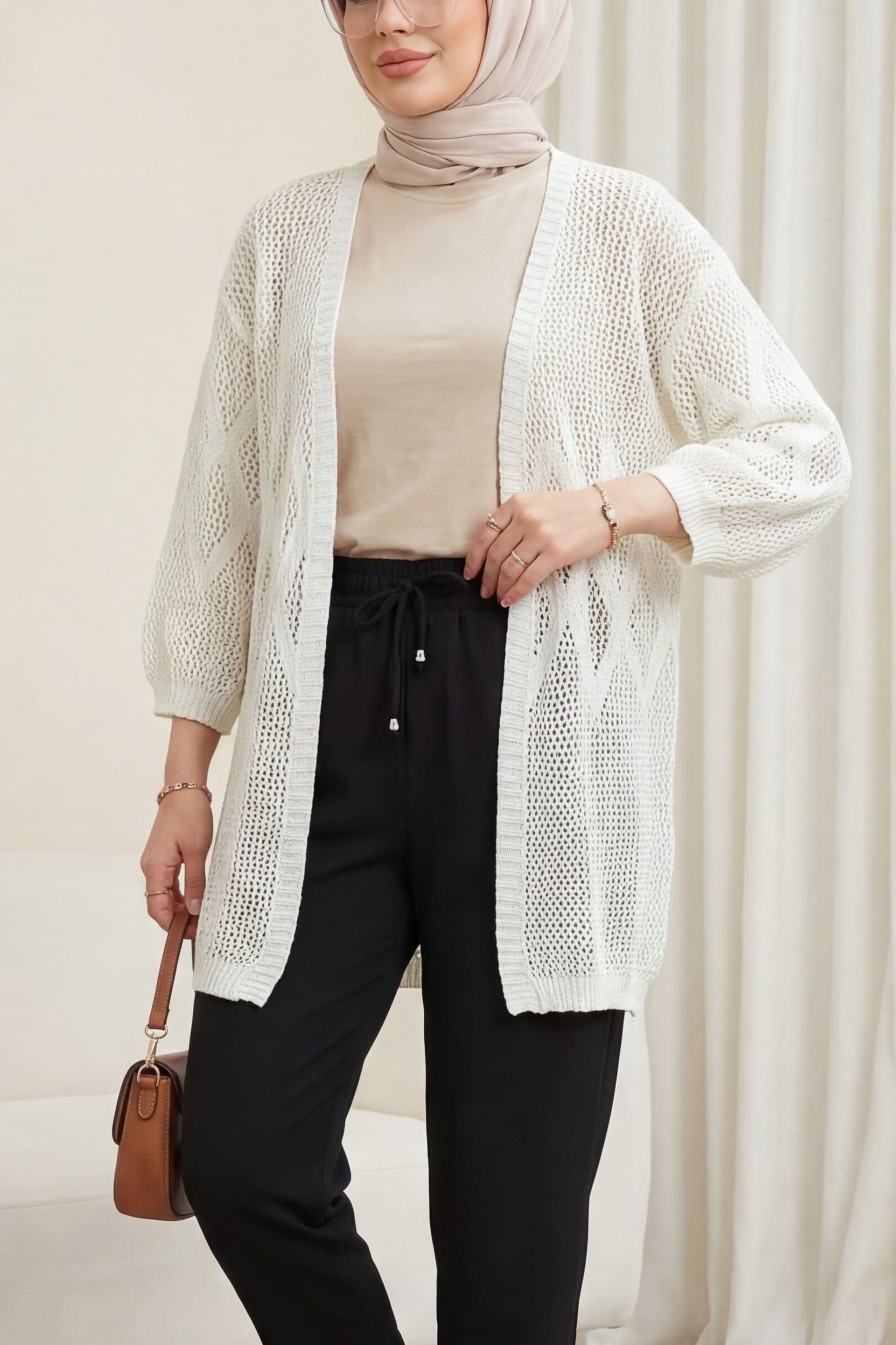 Baklava Patterned Openwork Knit Cardigan - White - Podyumplus - by Peralane