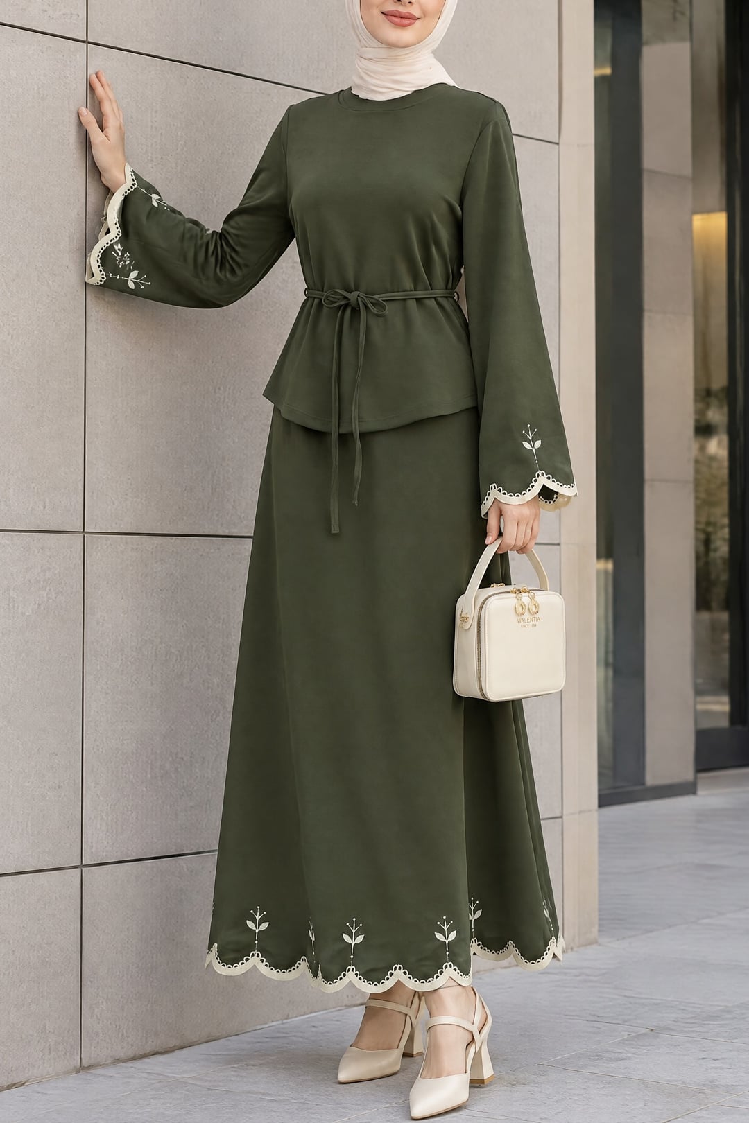 Embroidered Two-Piece Modest Set with Tie Belt - Olive Green - Podyumplus - by Peralane
