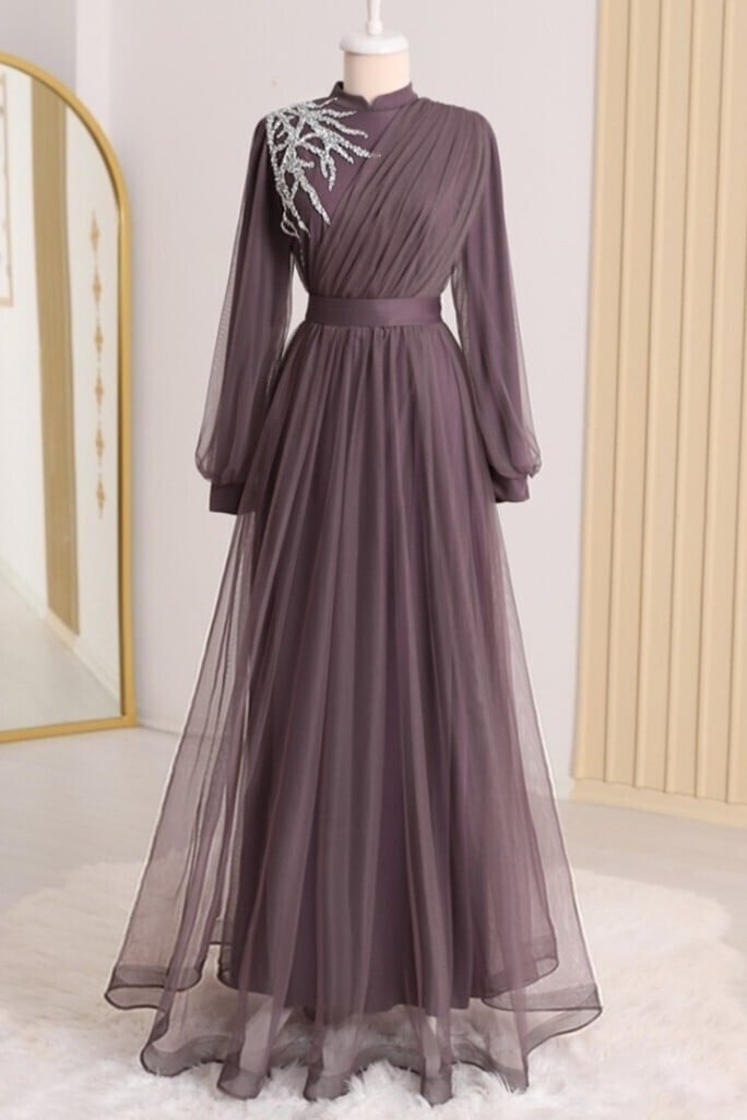 Beaded Draped Belted Tulle Evening Dress - Deep Plum - Podyumplus - by Peralane - photo 6