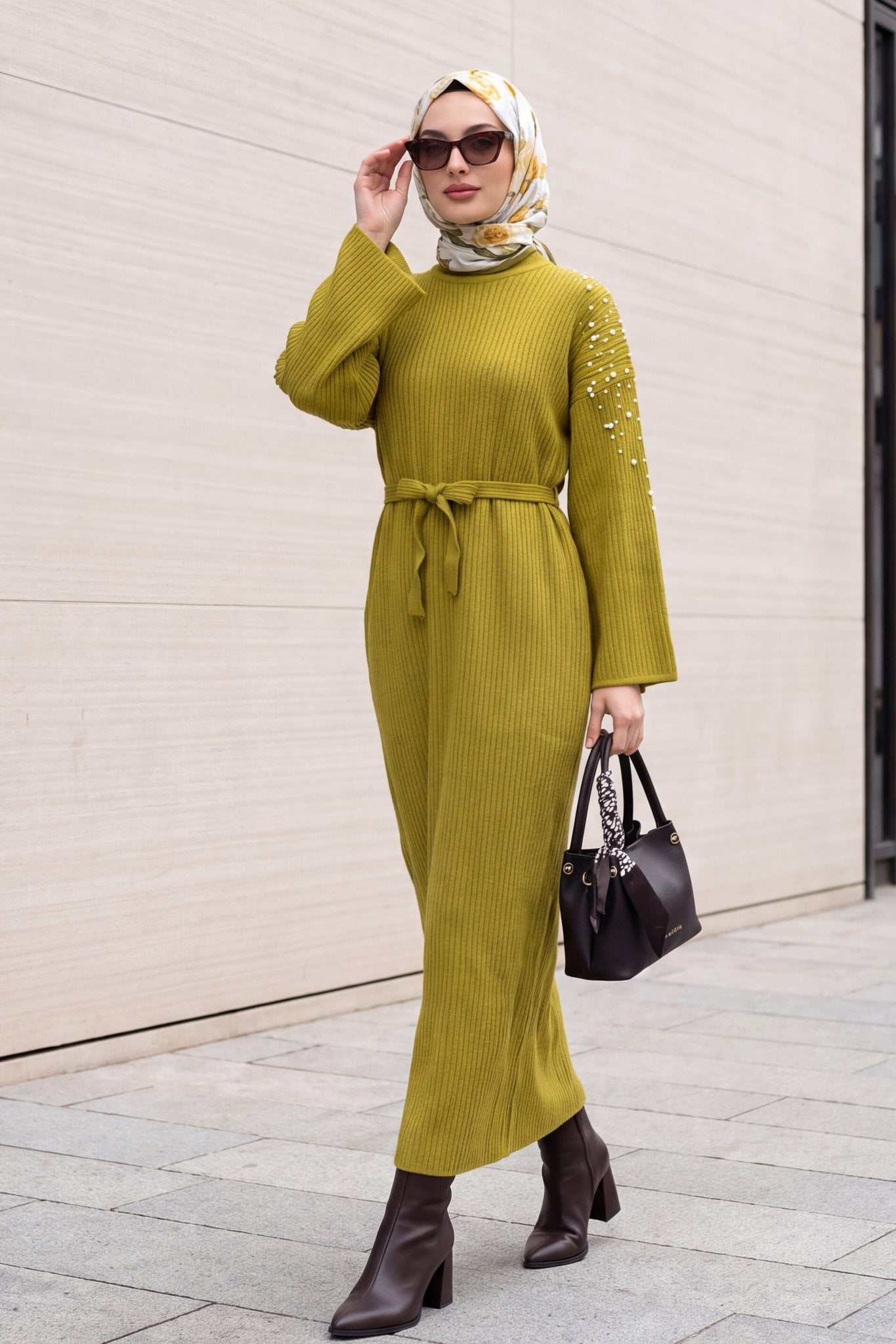 Olive Green Ribbed Knit Dress with Beaded Front and Belt - Podyumplus - by Peralane - photo 2