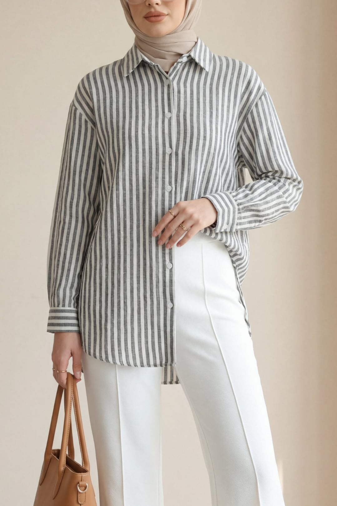 Striped Button-Front Long-Sleeve Shirt - Black - Podyumplus - by Peralane - photo 3