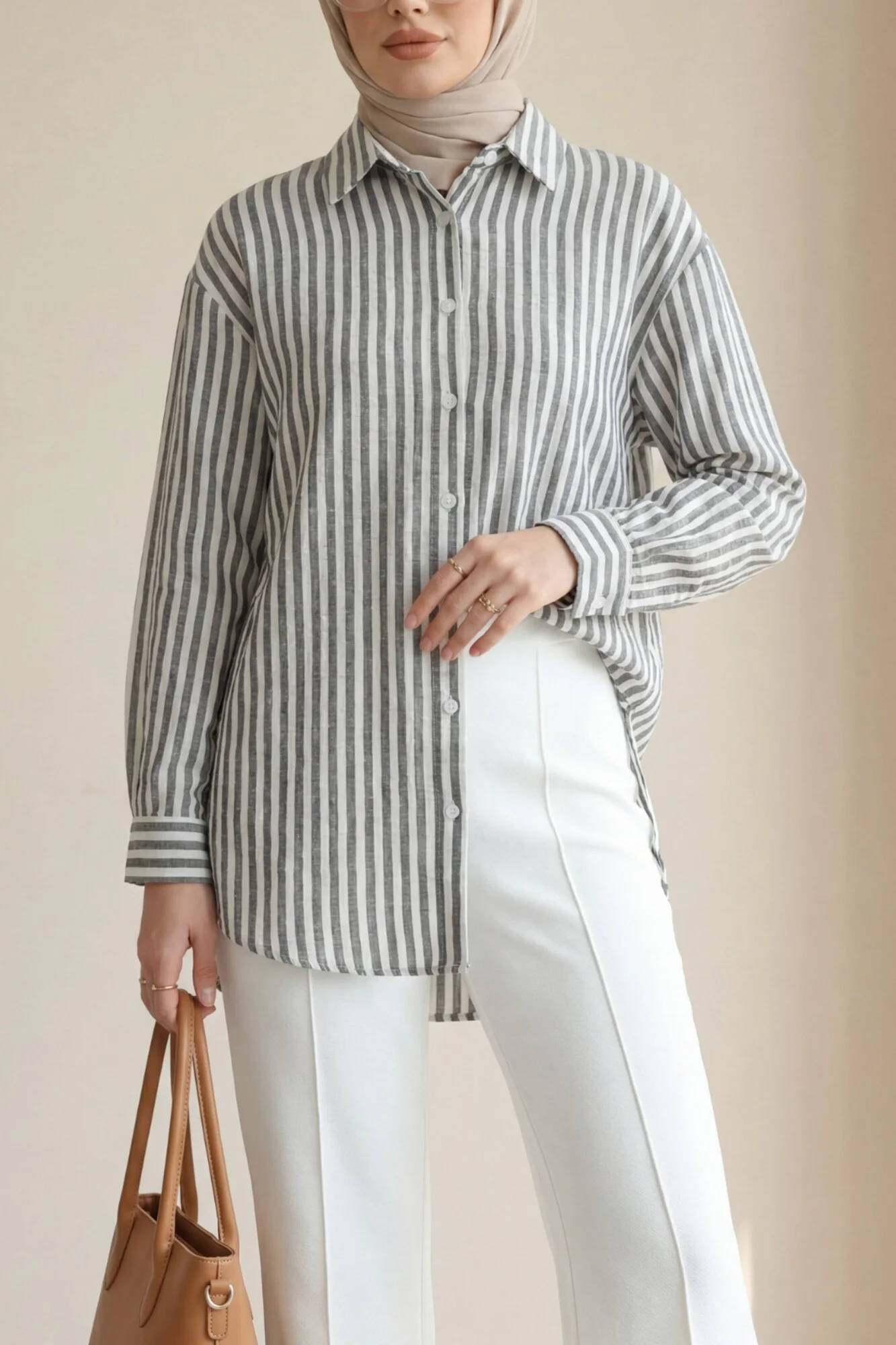 Striped Button-Front Long-Sleeve Shirt - Black - Podyumplus - by Peralane - photo 3