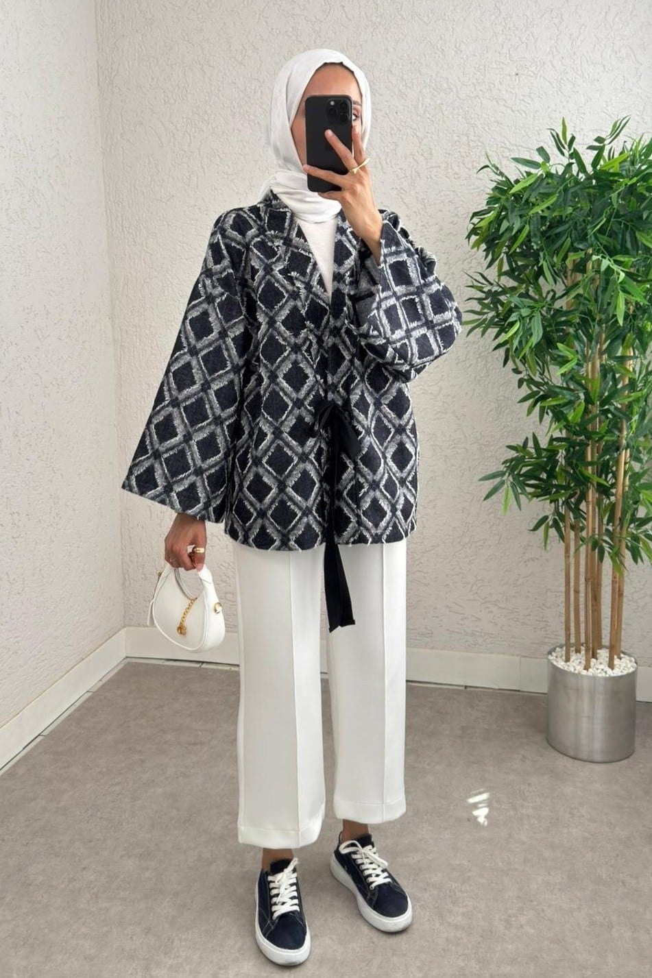 Tie-Waist Check Pattern Fringed Kimono - Dark Navy - Podyumplus - by Peralane - photo 5