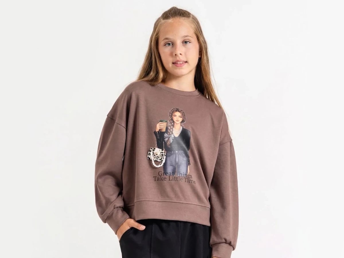 Girls' Printed Sweatshirt with Stone Details - Brown - ÖZ Bebe - by Peralane