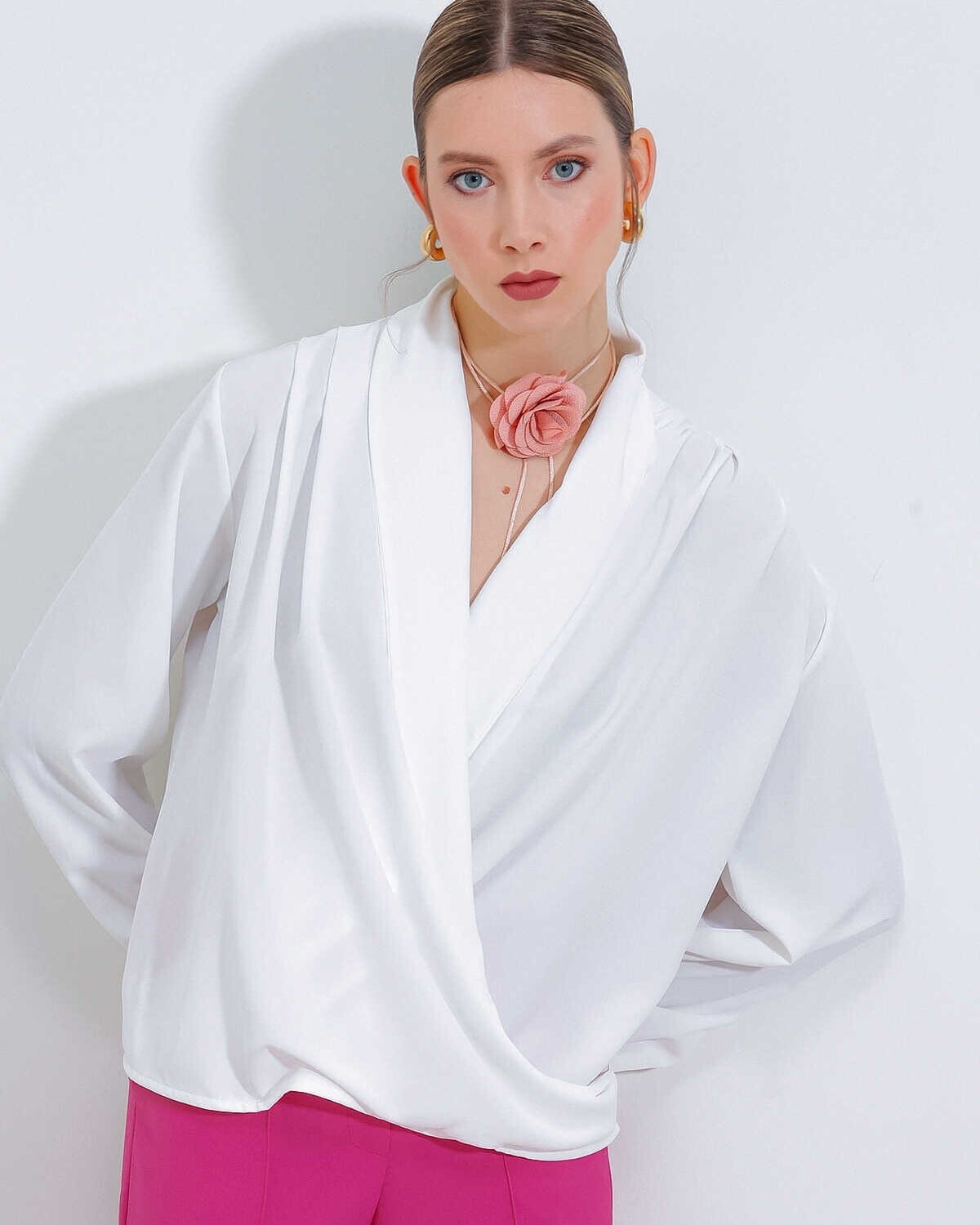 Women's White Wrap Collar Draped Satin Blouse 0492 - Bigdart - by Peralane - photo 3