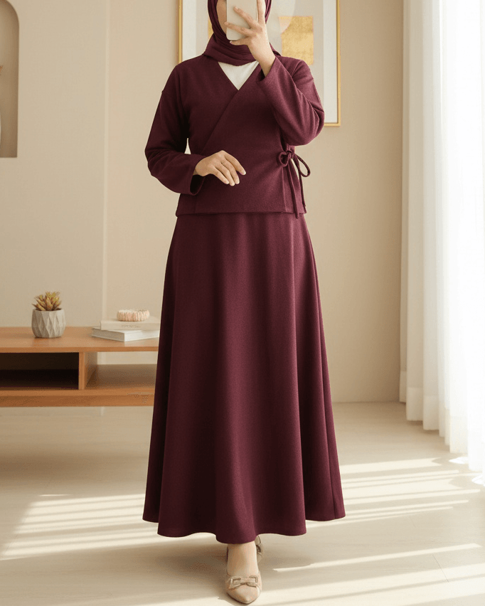 Burgundy Wrap-Front Skirted Kimono Set - Podyumplus - by Peralane - photo 2
