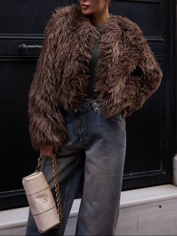 Shaggy Faux Fur Jacket - Dark Brown - Modabessa - by Peralane