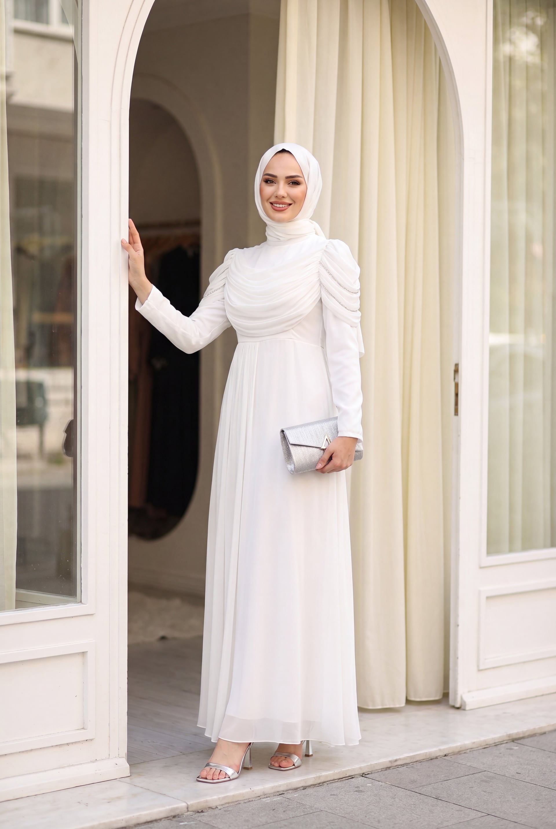 White Satin Evening Dress with Stone-Embellished Shoulders and Pleated Skirt - Podyumplus - by Peralane - photo 6