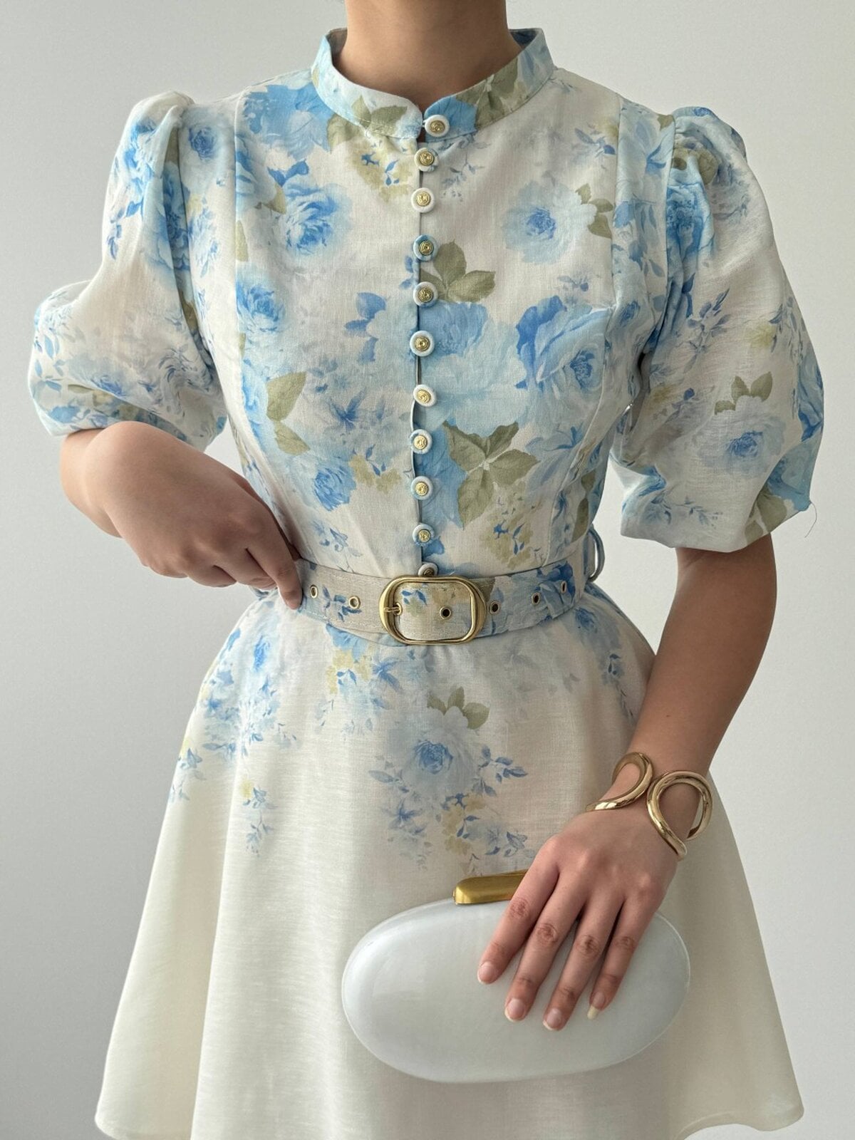 Pana Belt Detail Floral Print Dress in Blue - Etika - by Peralane - photo 3