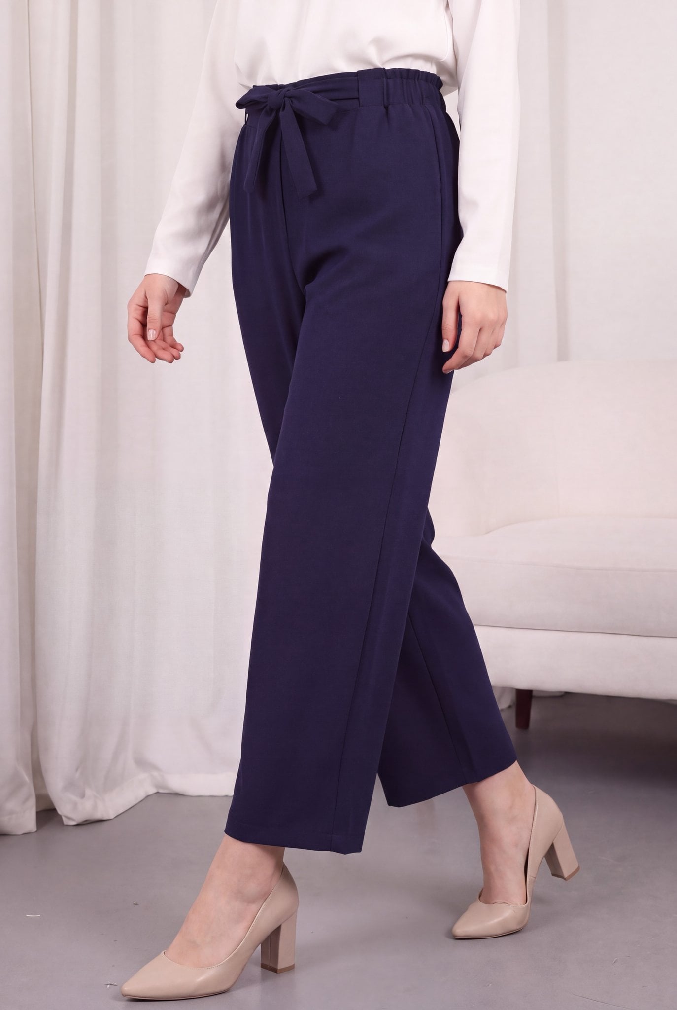 Navy Blue Double-Fabric Wide-Leg Trousers with Belt - Podyumplus - by Peralane - photo 5