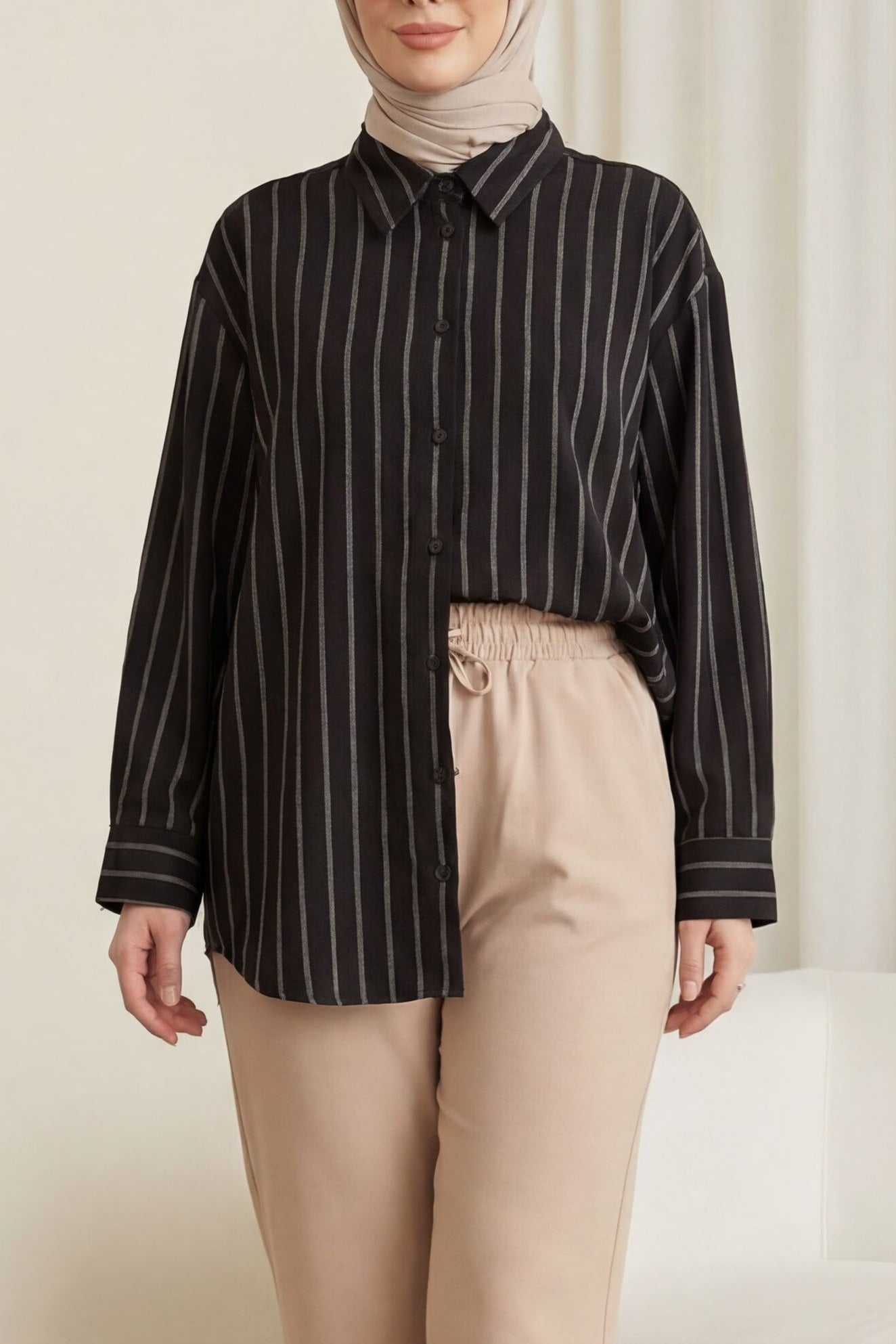 Striped Button Oval Cut Linen Look Shirt - Brown - Podyumplus - by Peralane - photo 5