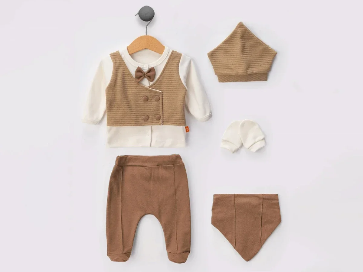Baby Boy Knit Vest Bow Tie 5-Piece Newborn Set - Brown - Beyaz Bebek - by Peralane