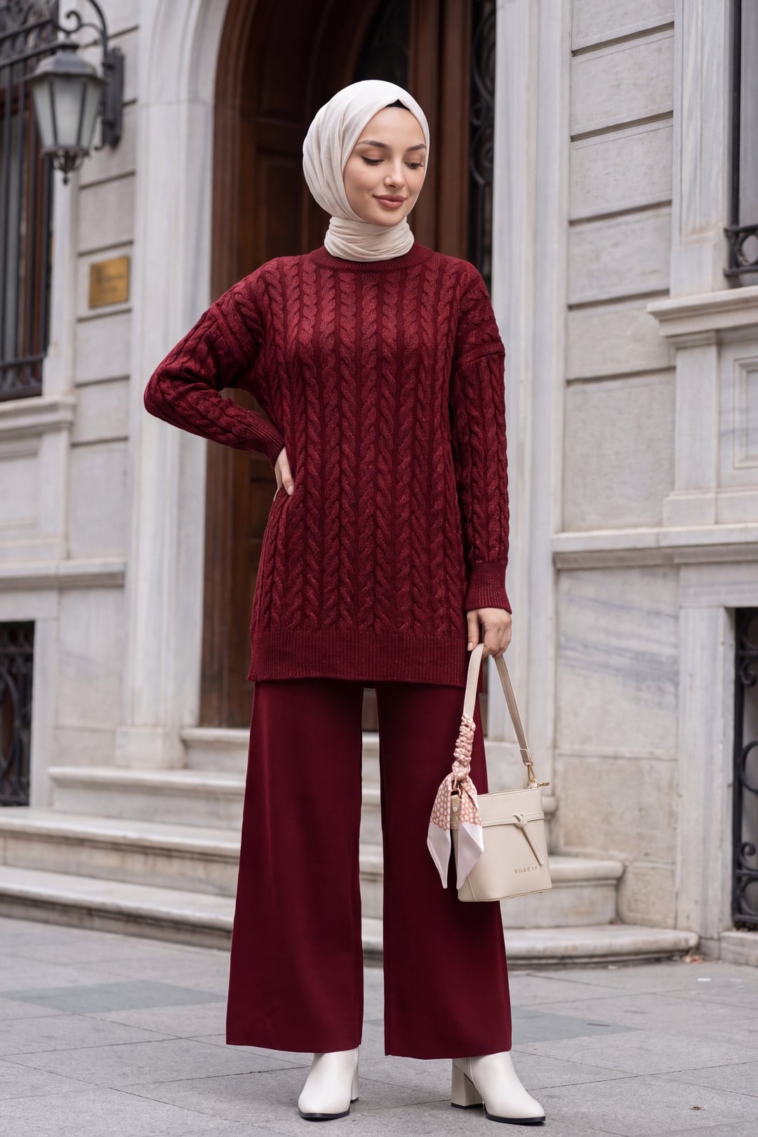 Half Collar Slit Shimmer Basket Knit Two-Piece Set - Bordeaux - Podyumplus - by Peralane - photo 3