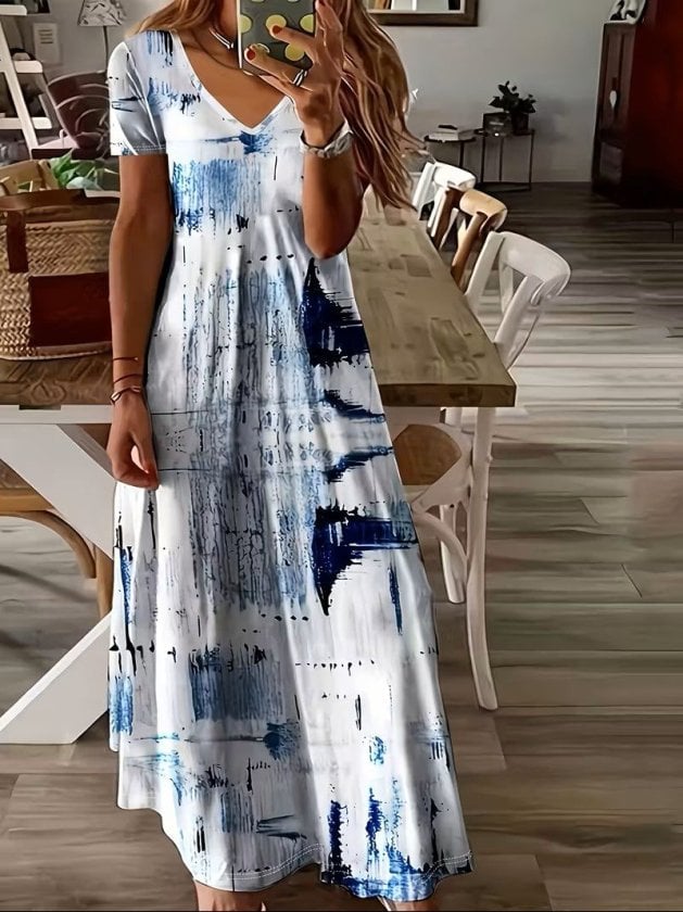 Women's Short Sleeve V-Neck Patterned Maxi Suprem Dress - Janes - by Peralane