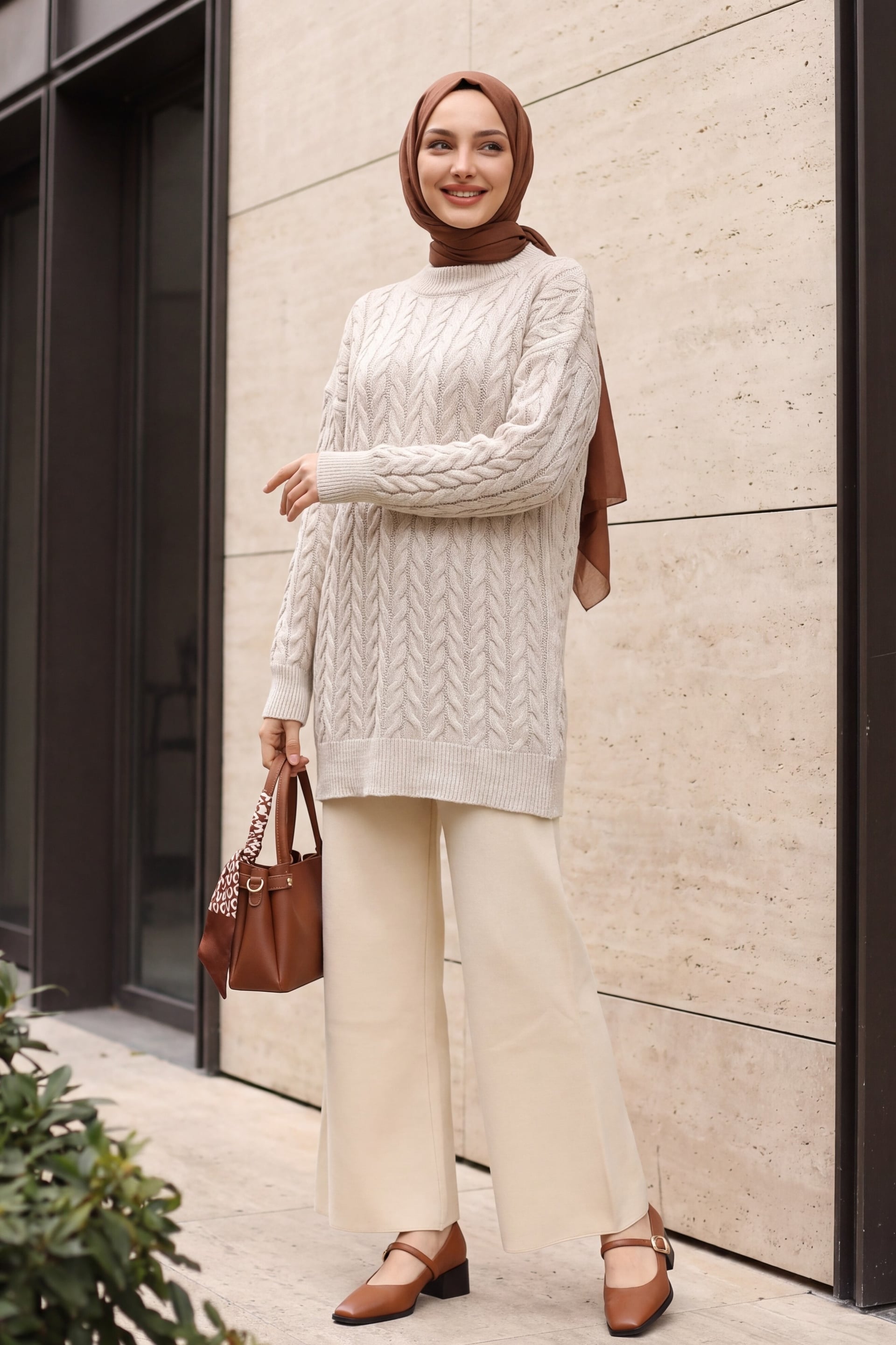 Half-Turtleneck Slit Sequined Basket Knit Sweater Set - Cream - Podyumplus - by Peralane - photo 2