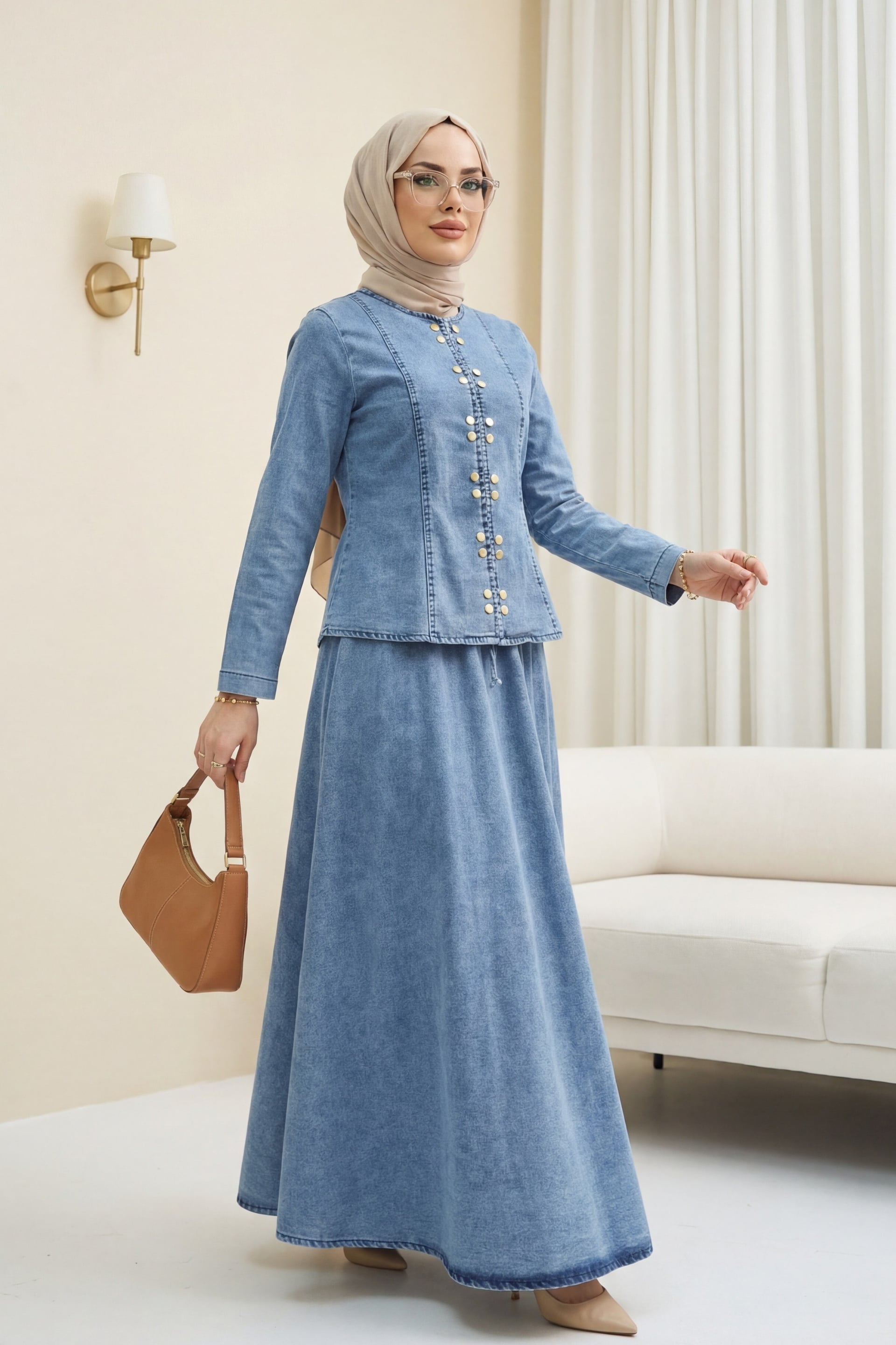 Snap-Front Denim Co-ord Set with Lace-Up Skirt - Ice Blue - Podyumplus - by Peralane