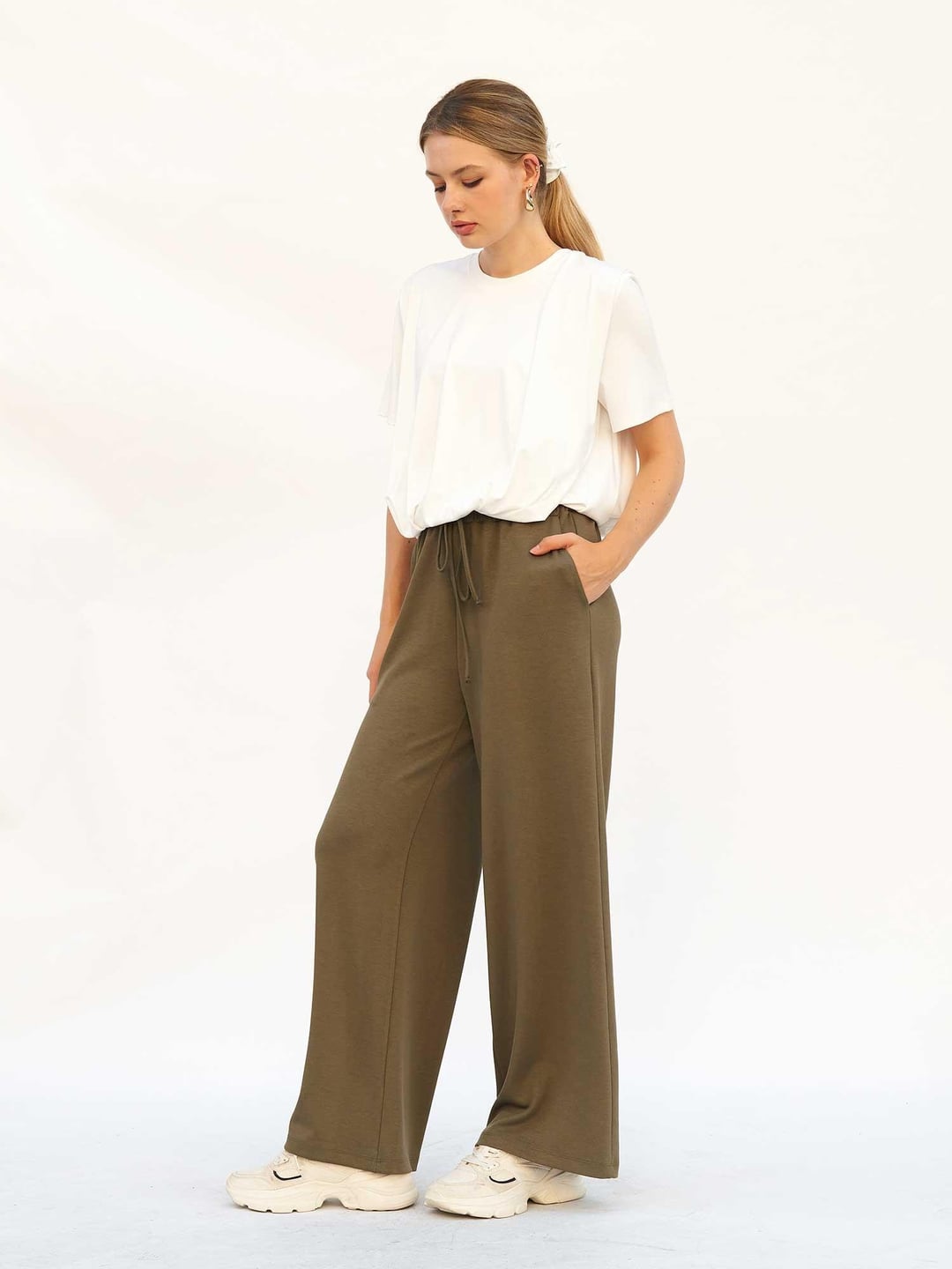 High Waist Wide Leg Trousers with Drawstring - Olive Green - Lefon - by Peralane - photo 5