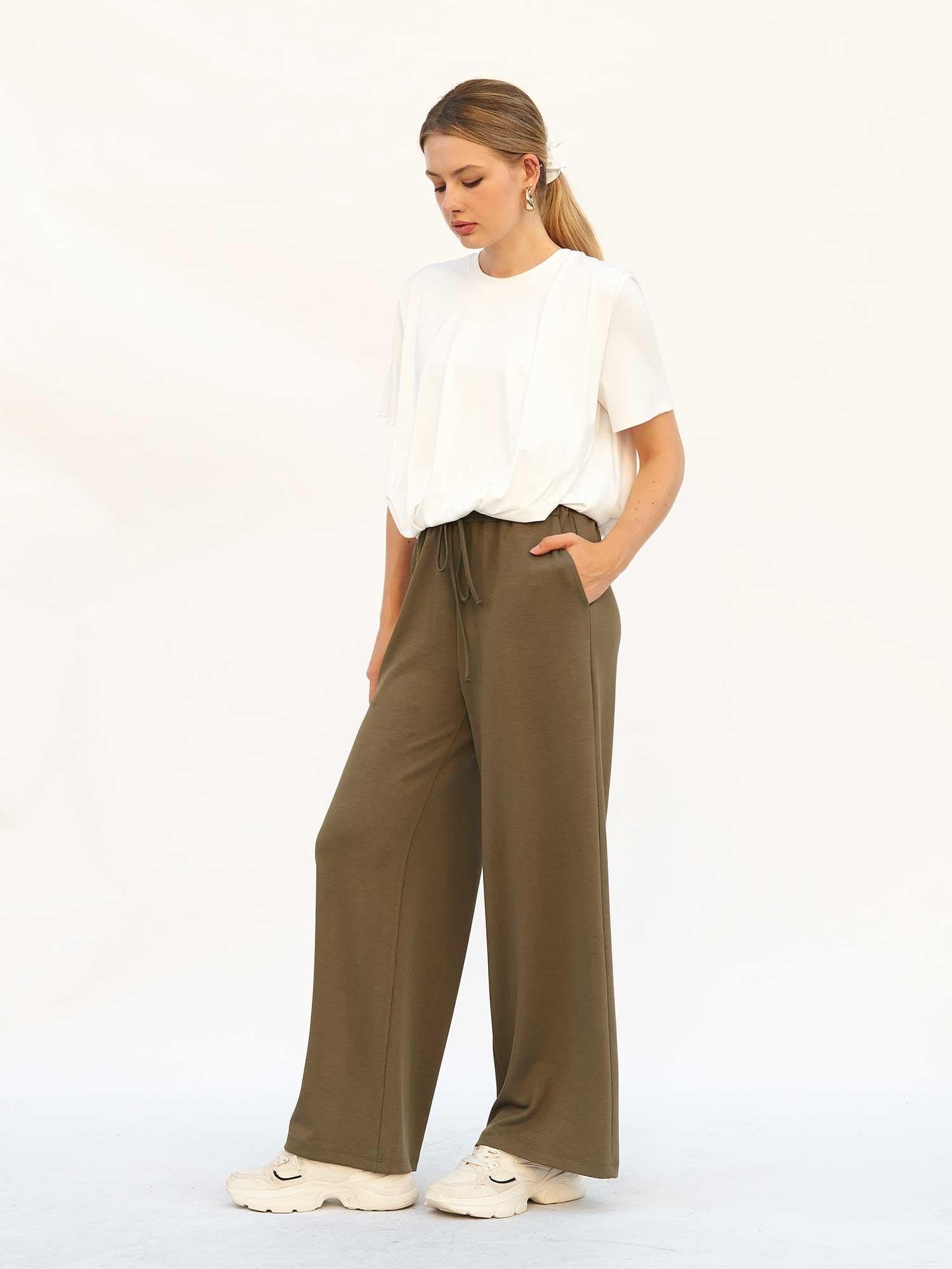 High Waist Wide Leg Trousers with Drawstring - Olive Green - Lefon - by Peralane - photo 5