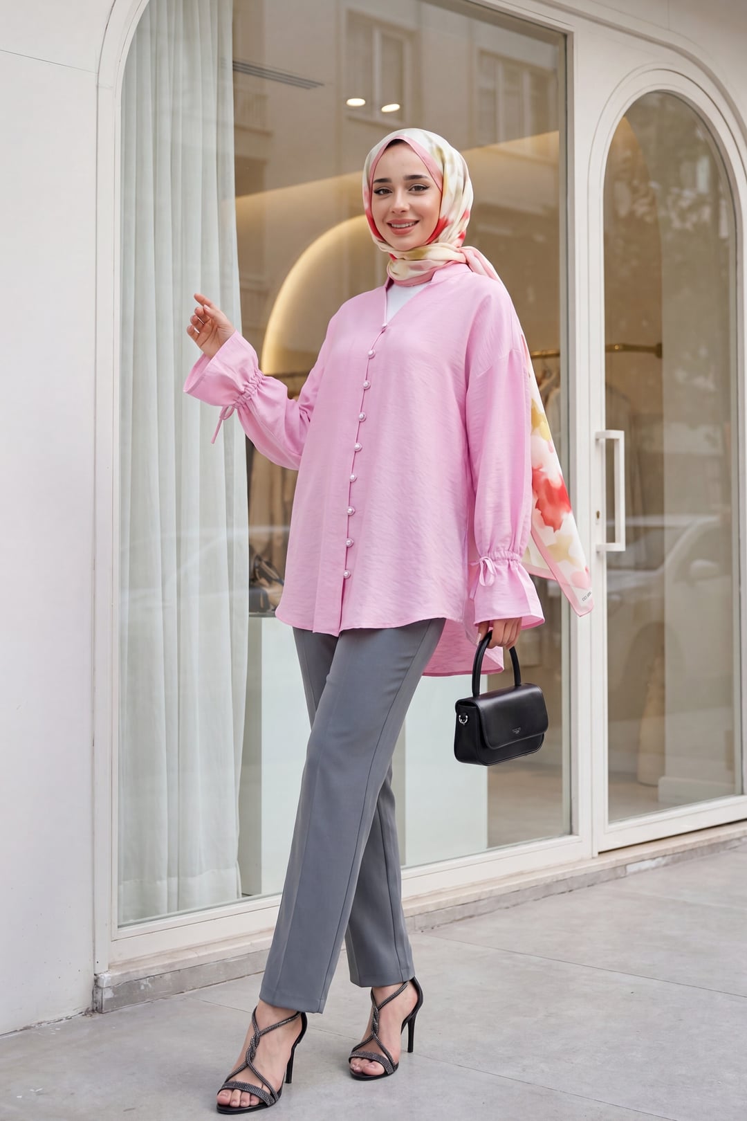 Pink Long-Sleeved Tunic with Tie Cuffs and Button Front - Podyumplus - by Peralane