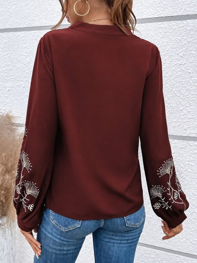 Women's Long Sleeve V-Neck Blouse with Floral Embroidered Sleeves - Janes - by Peralane - photo 3
