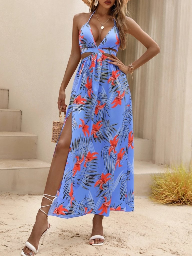 Women's Halter Neck V-Neck Slit Maxi Dress with Tropical Print - Janes - by Peralane - photo 2
