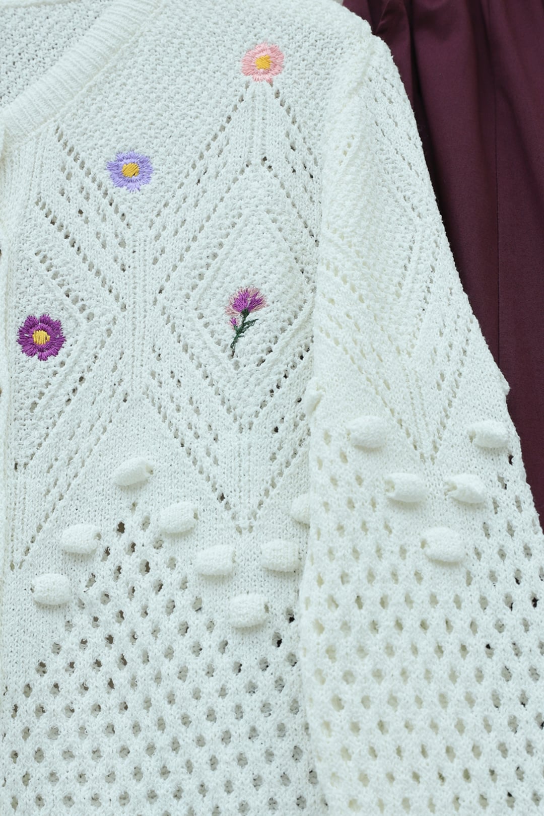 White Floral Embroidered Pom-Pom Knit Cardigan - Podyumplus - by Peralane - photo 6