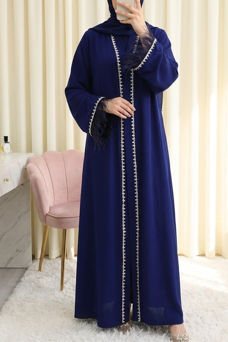Belted Abaya with Feathered Sleeves and Stone Detail - Saks - Podyumplus - by Peralane - photo 2