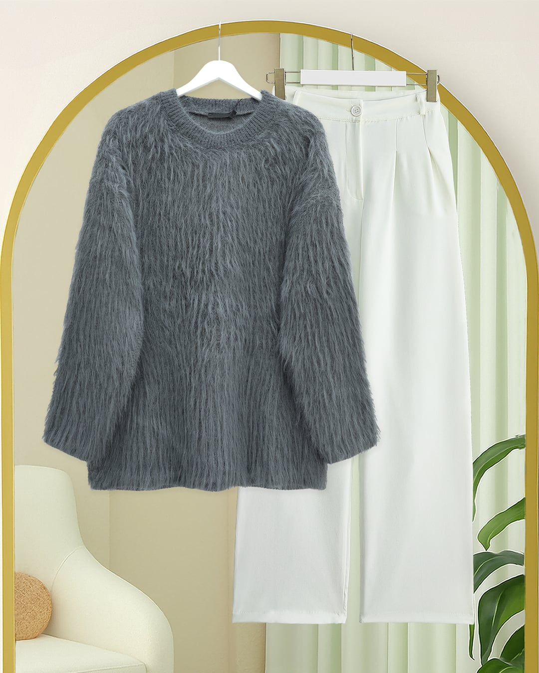 Round Neck Fuzzy Knit Tunic Sweater - Smoke - Podyumplus - by Peralane - photo 7