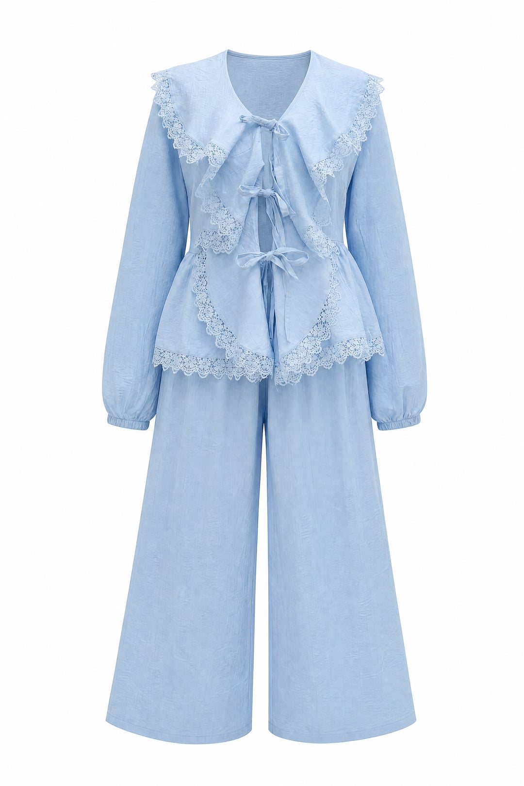 Lace Detail Tie-Front Wide-Leg Co-ord Set in Baby Blue - Podyumplus - by Peralane - photo 5