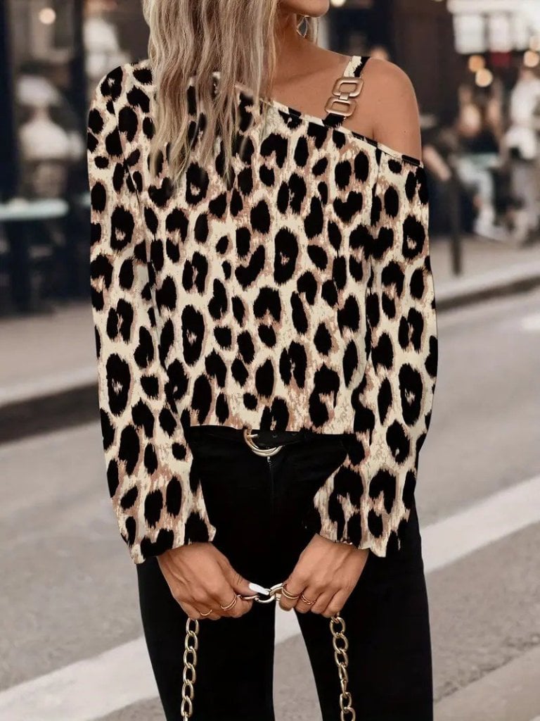 Women's One-Shoulder Long-Sleeve Leopard Print Modal Blouse with Chain Detail - Janes - by Peralane - photo 2