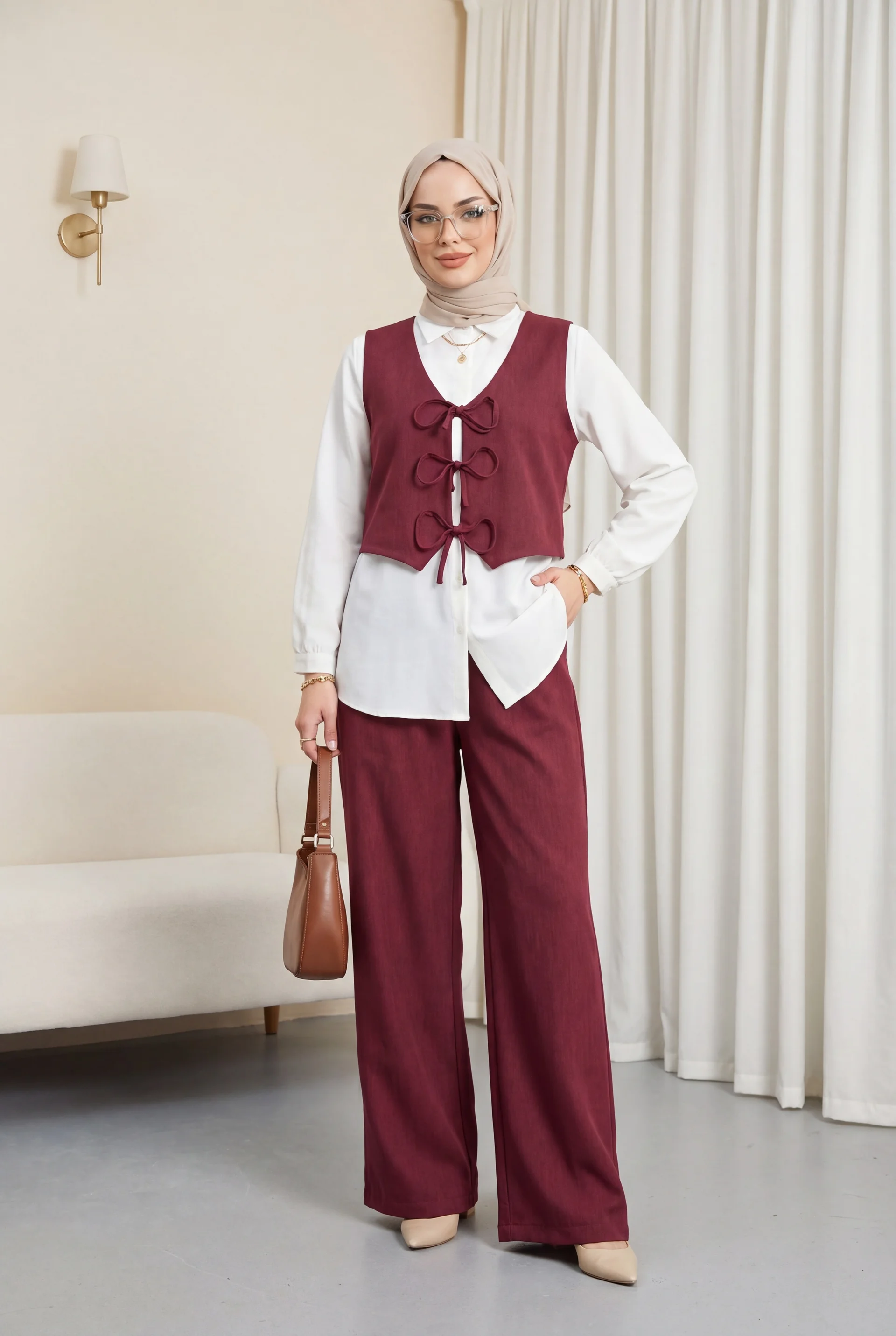 Burgundy Tie-Front Vest and Wide-Leg Trousers Two-Piece Set - Podyumplus - by Peralane - photo 5