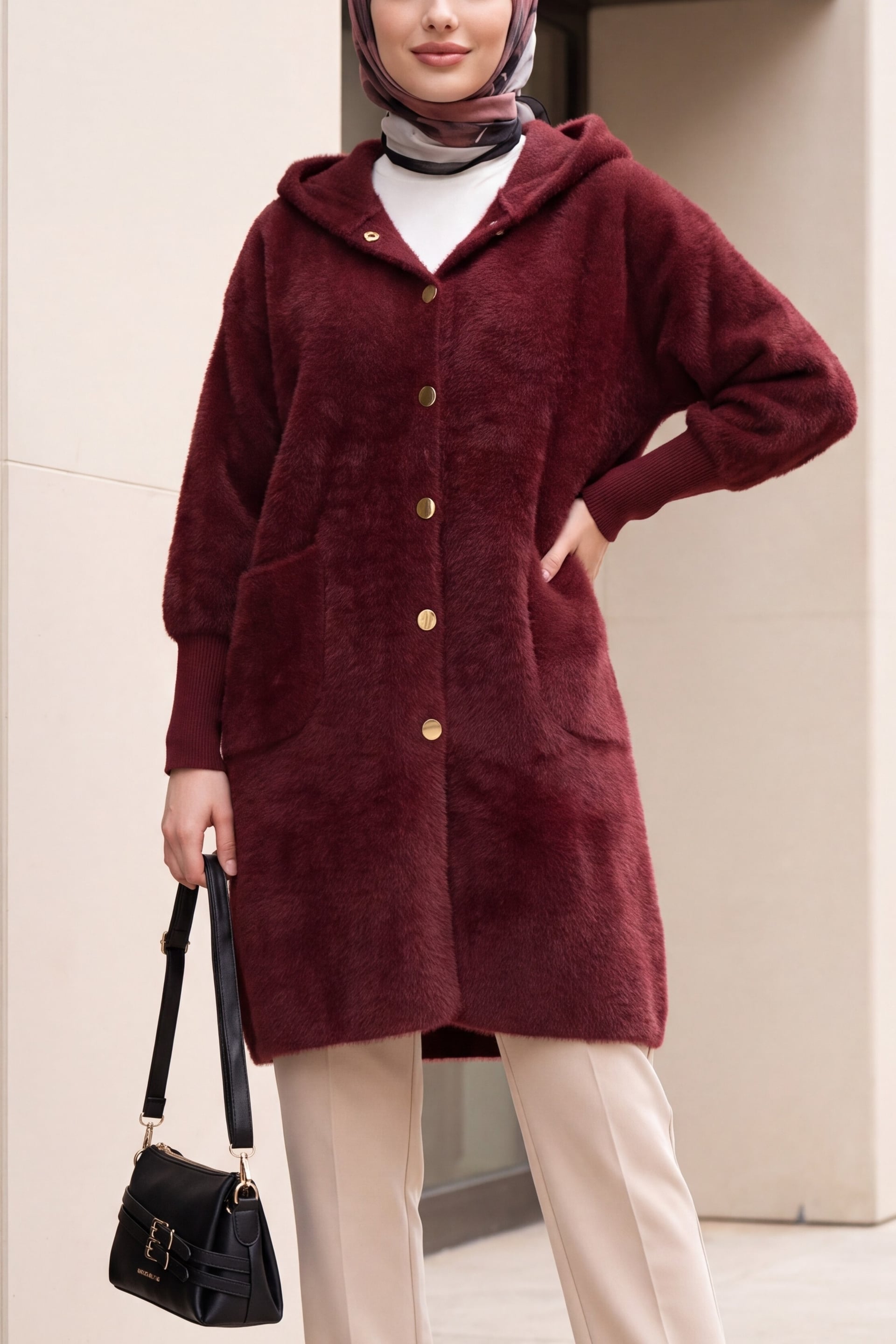 Hooded Double Pocket Button Front Fuzzy Cardigan - Burgundy - Podyumplus - by Peralane