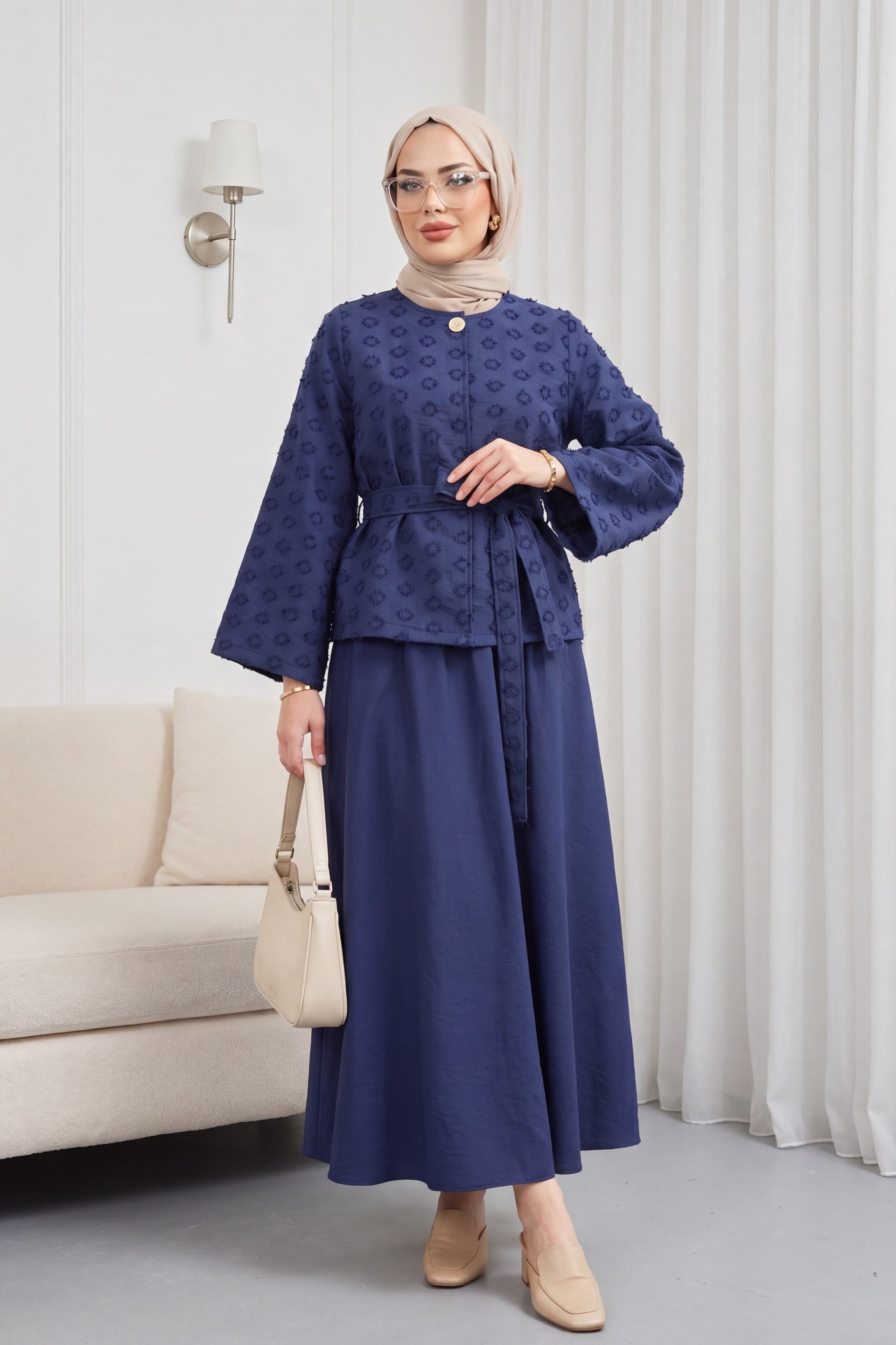 Single Button Belted Skirt Set with Pocket and Embossed Jacquard Pattern - Dark Navy - Podyumplus - by Peralane - photo 4