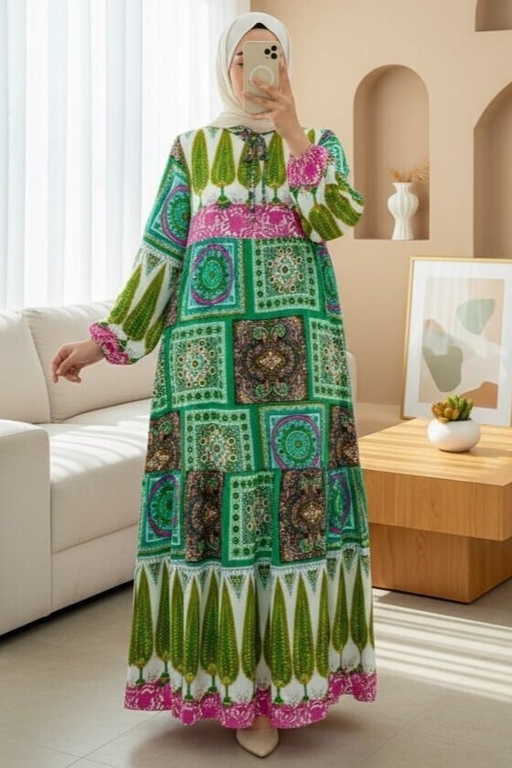 Ethnic Print Tie-Neck Tiered Maxi Dress - Green - Podyumplus - by Peralane - photo 3