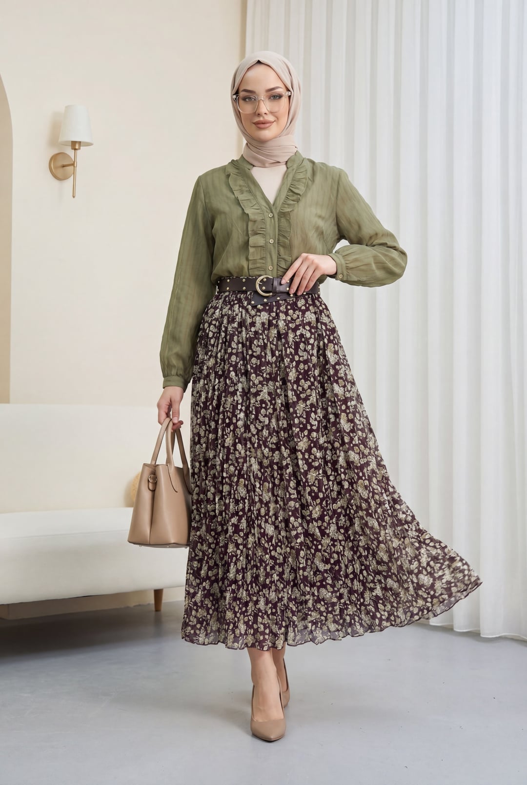 V-Neck Frilled Semi-Transparent Tencel Bouquet Blouse - Olive Green - Podyumplus - by Peralane - photo 2