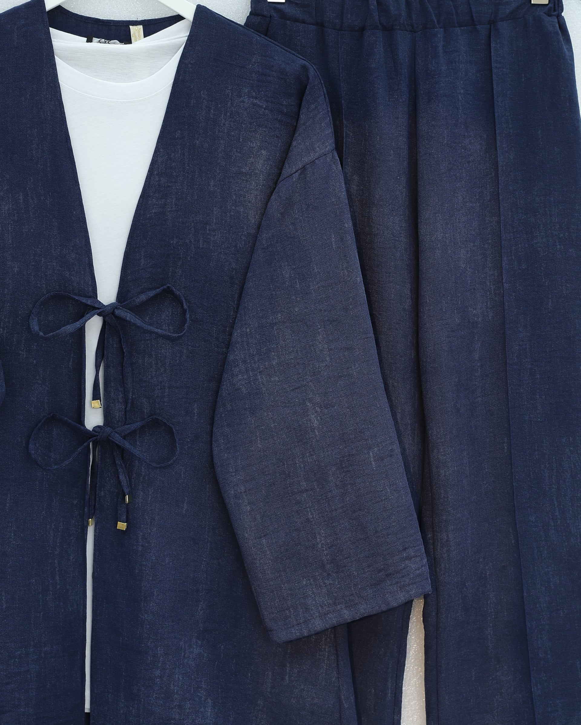 Navy Blue Tie-Front Linen-Look Kimono Set with Wide-Leg Trousers - Podyumplus - by Peralane - photo 4